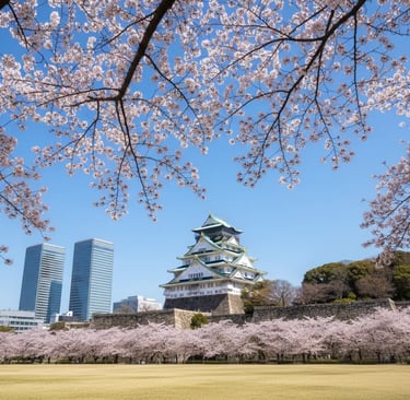 Osaka Castle surrounded by blooming cherry blossoms in spring