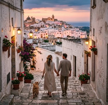 Couple holding hands with dog on cobblestone alley overlooking Ostuni white town at dusk.