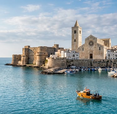 Otranto historic skyline with Aragonese Castle and Cathedral viewed from the Adriatic Sea, Apulia