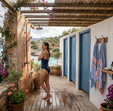 Traveler using outdoor hot shower at coastal facility after kayaking session