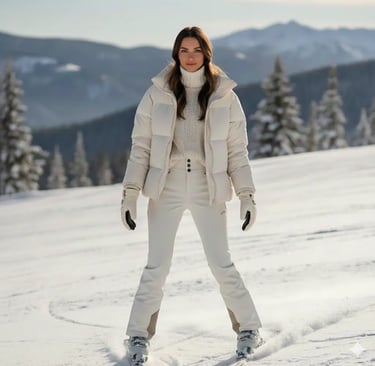 Cozy cream après-ski outfit with boots and knitwear in front of a rustic mountain lodge.