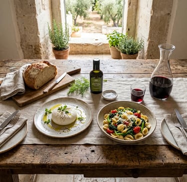 Masseria lunch with burrata, orecchiette and Primitivo wine on private Valle d'Itria day tour
