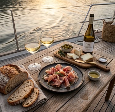 Cured Portuguese ham, goat cheese and Lot5 Quinta das Chaquedas white wine on luxury yacht deck