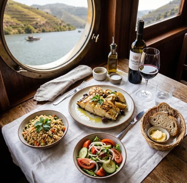 Grilled cod lunch with Douro Valley wine served onboard river cruise boat with porthole view