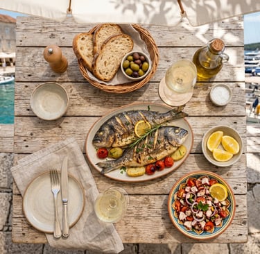 Grilled fish, octopus salad, bread and white wine on rustic table at Hvar harbor restaurant