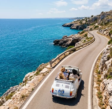 Aerial view of Fiat 500 Spiaggina small-group tour on scenic Puglia coast road by turquoise sea