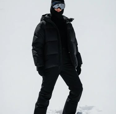 Fully geared woman in waterproof insulated black puffer jacket and ski pants posing in deep snow.