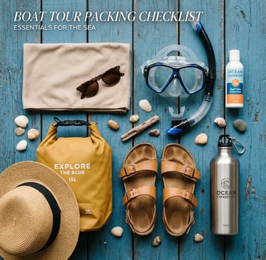  Flat lay of boat tour essentials: towel, snorkel mask, sunscreen, dry bag, sandals, hat, water bottle.