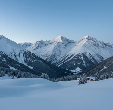 Scenic landscape of majestic snow-covered mountain ranges under a clear blue sky during winter
