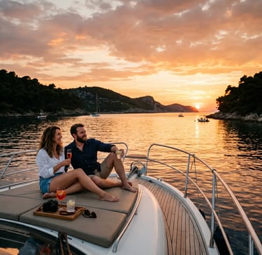 Couple with drinks on private boat bow watching golden sunset over Pakleni Islands Croatia