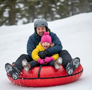 Child laughing while snow tubing at a ski resort.