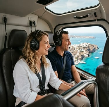 Couple wearing headsets inside private helicopter cabin flying over Greek islands
