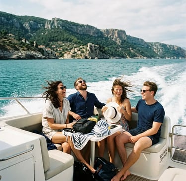 Passengers laughing on the Magnific Raptor speedboat deck with Dalmatian coastline behind them