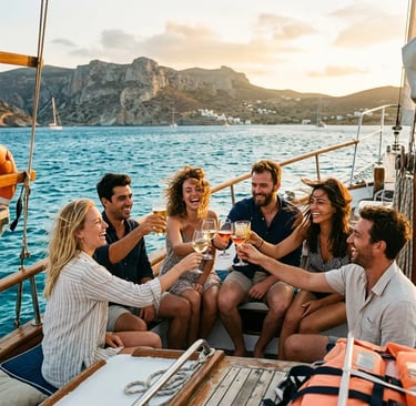 Group of guests toasting drinks on a boat at sunset near San Pietro island cliffs