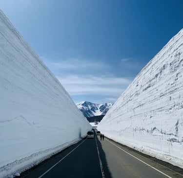 Towering snow walls of Tateyama Kurobe Alpine Route in spring.