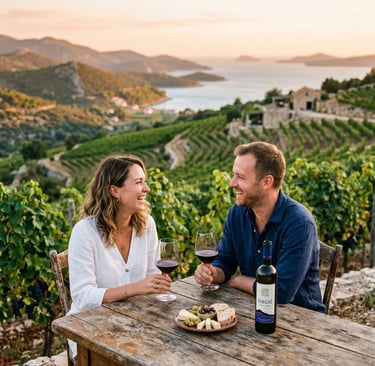 Romantic couple tasting Dingač red wine at sunset in Pelješac vineyard overlooking Adriatic Sea