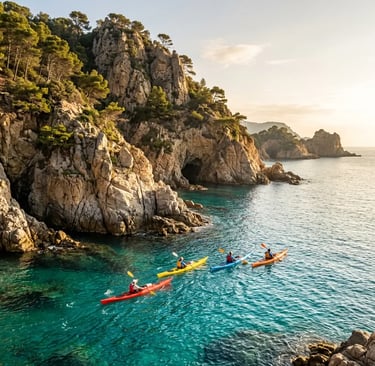 Small group sea kayaking along dramatic Costa Brava limestone cliffs near Tossa de Mar