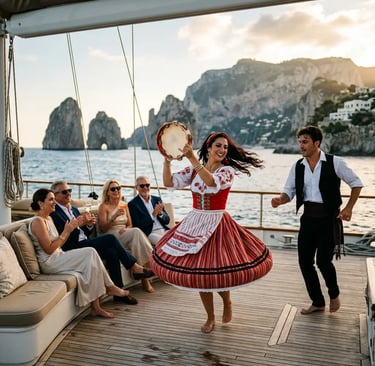 Original Tarantella performance on Capri boat tour yacht deck with Faraglioni rocks at sunset