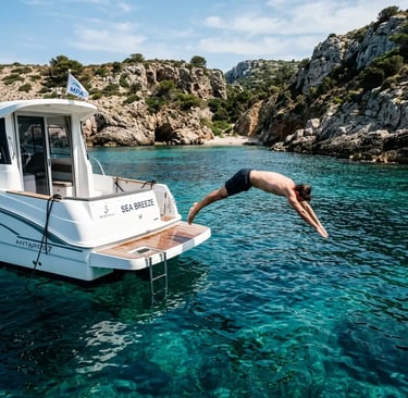 Man diving from a private boat swim platform into crystal-clear turquoise Mediterranean water