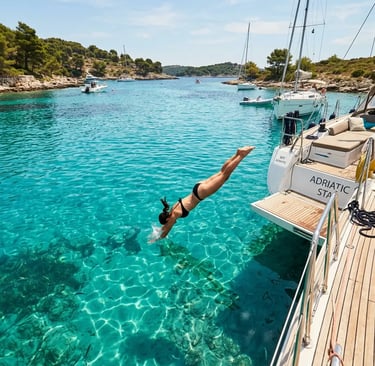 Woman diving off luxury boat into clear Pakleni Islands lagoon on Split 4 islands tour