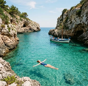 Woman floating in crystal-clear turquoise water inside a secluded rocky cove in Puglia
