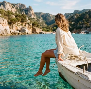 Woman sitting on white dinghy with feet over crystal-clear turquoise water in Sardinia cove