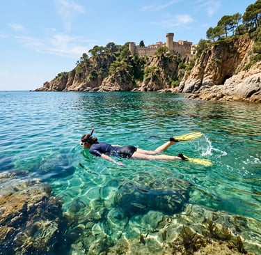 Snorkeling in a crystal-clear cove near Tossa de Mar castle on the Costa Brava coastline