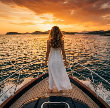 Woman on speedboat bow at sunset during a Pakleni Islands luxury cruise near Hvar
