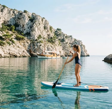 Woman paddleboarding on calm Adriatic water near limestone cliffs during Puglia boat tour