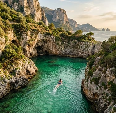 Woman swimming alone in hidden emerald cove surrounded by dramatic Capri limestone cliffs
