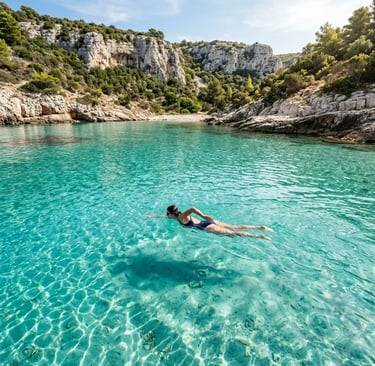 Woman swimming in turquoise water at secluded Croatian island cove