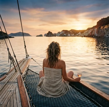 Woman wrapped in towel sipping wine at sunset on catamaran bow off Milos coast