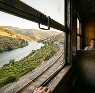 Douro river and terraced vineyards seen from vintage train window on Linha do Douro to Porto