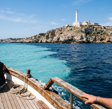 Visible color line where Ionian and Adriatic seas meet near Leuca lighthouse, Salento Italy