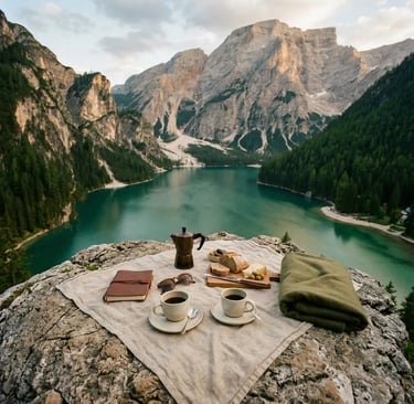 Luxury picnic setup on rocky cliff overlooking emerald Lake Braies at sunrise