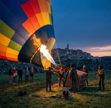Crew inflating colorful hot air balloon at dawn near Matera sassi with tourists watching, Italy.