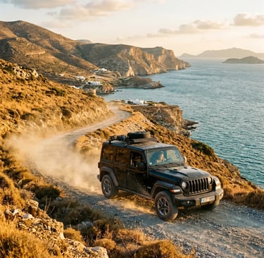 Black Jeep Wrangler driving dusty coastal road at golden hour in Milos Greece