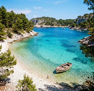 Turquoise lagoon with wooden boat near Hvar on Mamma Mia and 5 islands tour route