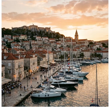 Hvar Town harbor at sunset with Spanish Fortress, bell tower and luxury yachts on the Dalmatian coast