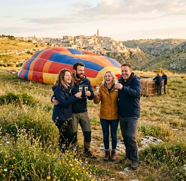 Four happy travelers toasting prosecco after hot air balloon landing near Matera in South Italy