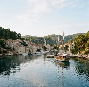 Quiet stone harbor on Šolta island with traditional Gulet at dock, Croatia