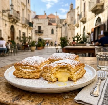 Three golden Sporcamuss pastries with custard filling on a plate at a Bari old town cafe