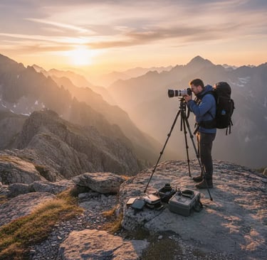Hiker photographing mountain sunrise, Japan travel photography