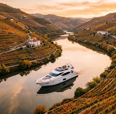 Luxury yacht cruising Douro River at sunset with terraced vineyards and quintas in autumn colors