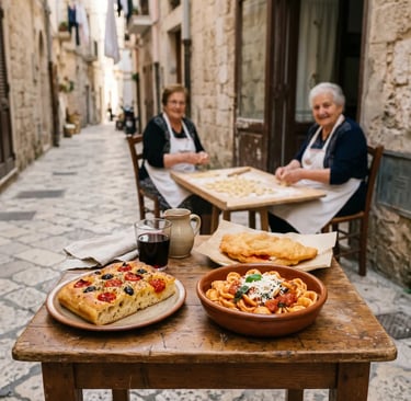 Focaccia barese, orecchiette pasta and panzerotti on table with nonnas making pasta in Bari Vecchia