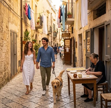 Happy couple with golden retriever exploring Bari Vecchia alley as nonna makes fresh orecchiette