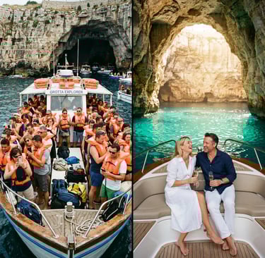 Crowded group boat tour versus private luxury boat tour comparison in Polignano a Mare sea cave