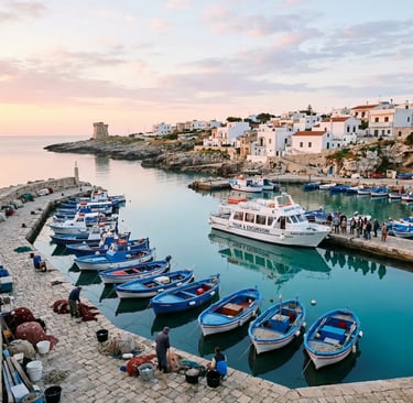 Torre Vado marina at sunset with blue fishing boats and tour boat in Salento, Puglia