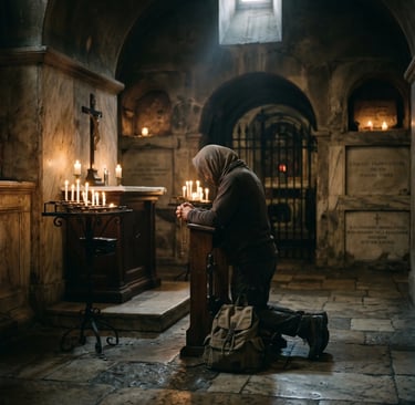 Hooded pilgrim kneeling with rosary before candles in a sacred Italian crypt