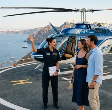 Professional pilot briefing passengers beside Bell 206 on Santorini helipad